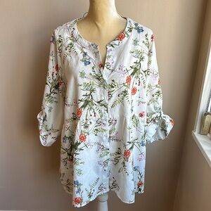 Jones New York Women Plus Linen Blend Blouse Rolled Cuff Sleeve Nwt Floral
